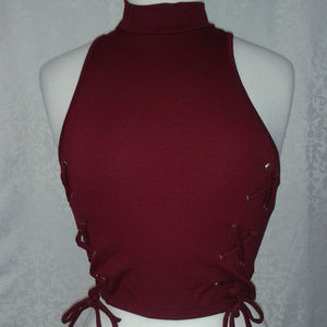 Red Choker Sleeveless Lace Down Short Top